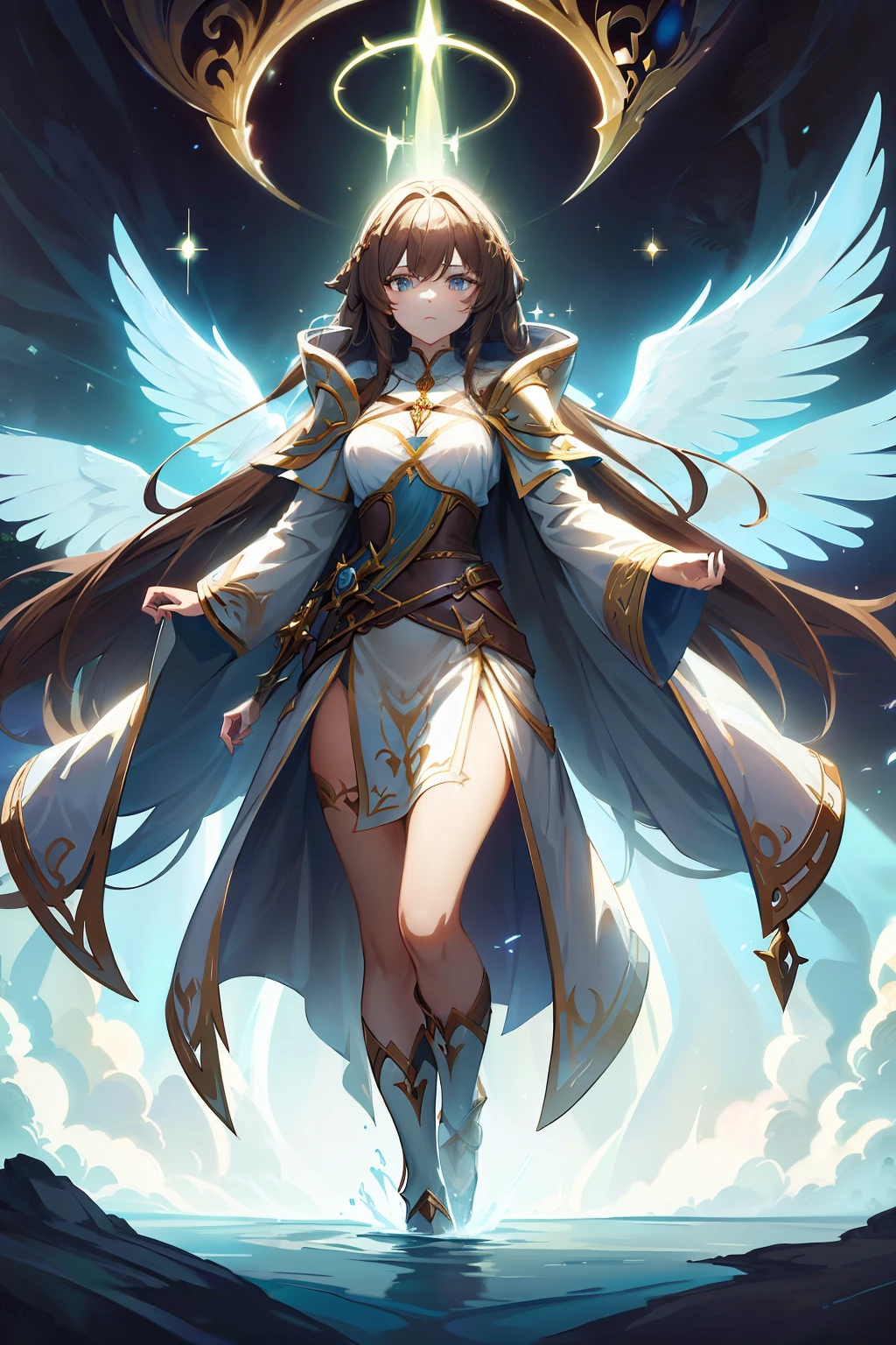 "Generates an anime-style image, inspired by genshin impact, 1 woman, full body, representing Seraphina Aelindë, a noble knight hospitaler of the Order of Saint John of Jerusalem and an elf of profound beauty. In the image, Seraphina is standing standing in an ancient Forest, surrounded by tall and mysterious trees. Her long, luminous brown hair falls in intricate braids over her shoulders, with golden sparkles that magically capture the light. Her eyes of an intense and heavenly blue look with compassion and determination towards the horizon. He wears a black robe with a white pate cross on the left chest, and a black hooded cloak billowing slightly in the forest breeze. His hands gracefully hold the hilt of a sword, symbolizing his bravery and commitment with protection. The image captures Seraphina's serene and noble presence, as she radiates a deep connection to nature and the magic that surrounds her."