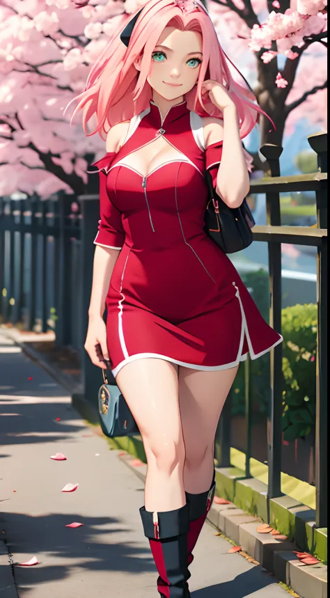 tmasterpiece， Best quality at best， 1girll， Sakura Haruno， Large breasts，Off-the-shoulder attire，（cleavage)，（fullbody shot)，Raised sexy，is shy，smile，with pink hair， long pink hair，gorgeous eyes,（Green eyeballs:1.4)， Forehead protection， the cherry trees，Ch...
