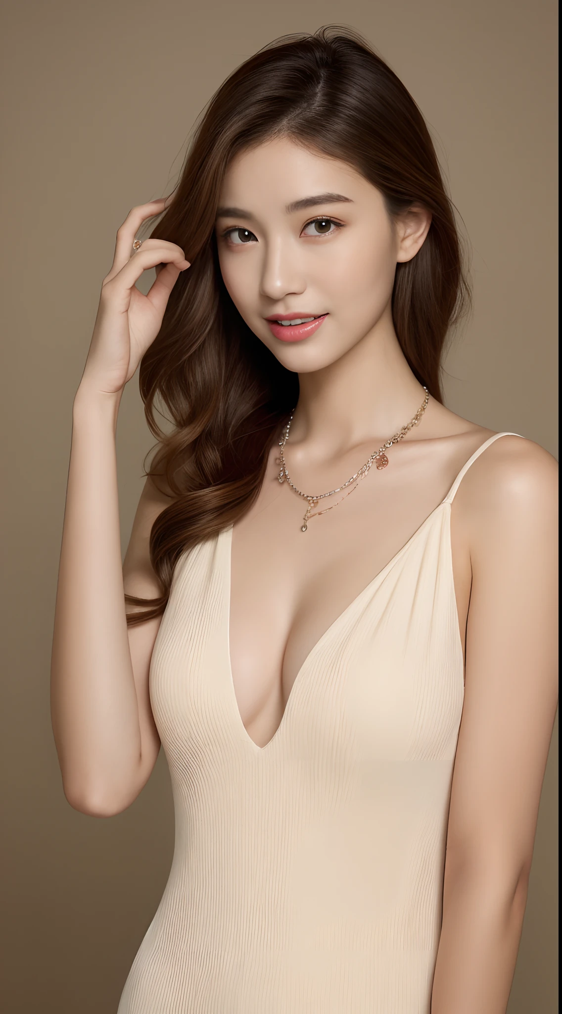 Realistic light、top-quality、8K、​masterpiece:1.3))、Girl with small breasts、 small moles under eyes、A smile、A small mole on the chest、Beautiful woman  with slender body shape:1.4、pale-skinned、(Floating wavy silk brown hair、small  tits:1