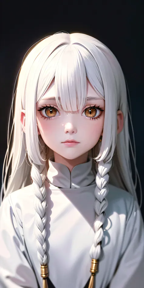 best quality, masterpiece,white hair, gold eyes,white clothes, looking up, upper body,hair strand,Fair skin,side braids