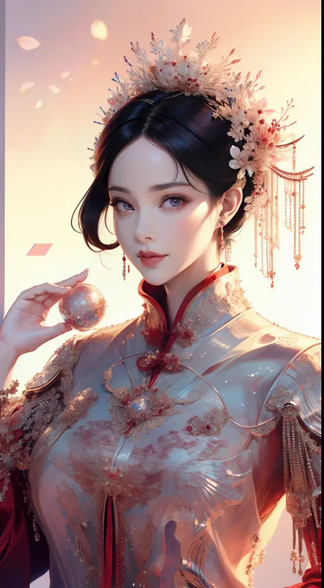 tmasterpiece，Highest high resolution，((magic orb))，Dynamic bust of beautiful Chinese princess，the bride，Black hair elegantly coi...