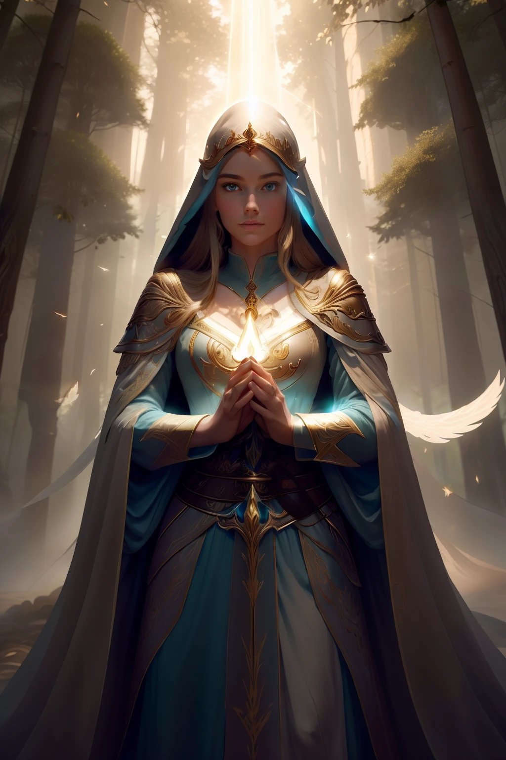 "Generates an image, 1 woman, full body, representing Seraphina Aelindë, a noble knight hospitaler of the Order of Saint John of Jerusalem and an elf of profound beauty. In the image, Seraphina is standing standing in an ancient Forest, surrounded by tall and mysterious trees. Her long, luminous brown hair falls in intricate braids over her shoulders, with golden sparkles that magically capture the light. Her eyes of an intense and heavenly blue look with compassion and determination towards the horizon. He wears a black robe with a white pate cross on the left chest, and a black hooded cloak billowing slightly in the forest breeze. His hands gracefully hold the hilt of a sword, symbolizing his bravery and commitment with protection. The image captures Seraphina's serene and noble presence, as she radiates a deep connection to nature and the magic that surrounds her."