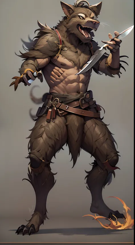 Game character standing drawing design，gnoll，cunning，With a knife，Fighting posture，（full bodyesbian：1.4），solid color backdrop，clean backdrop，depth of fields，high light，Real light，Ray traching，OC renderer，UE5 renderer，Hyper-realistic，best qualtiy，8K，Works o...