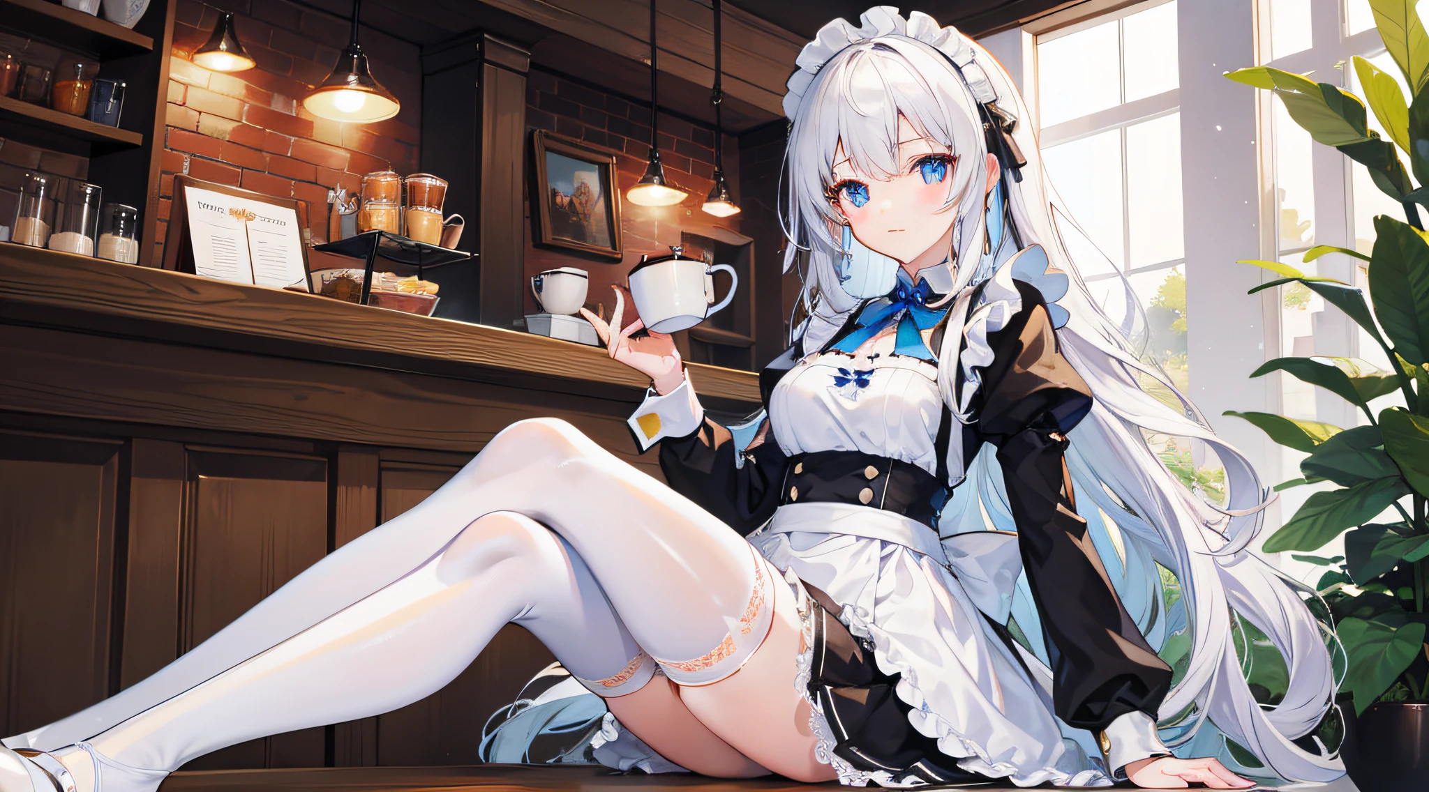 Anime girl in a maid outfit sitting on the floor with a cup of coffee -  SeaArt AI