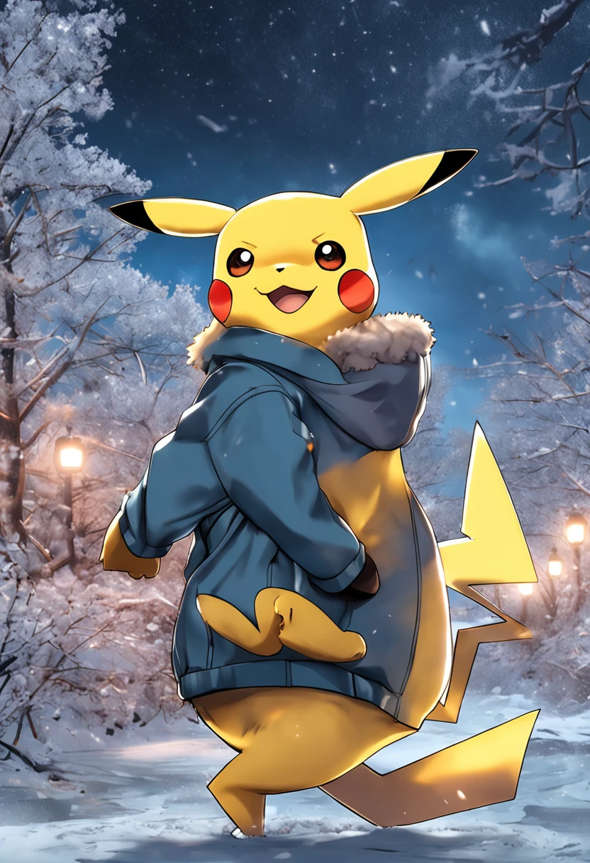 ((Looking back)), (((Pikachu all over the body))), ((Realistic)), ((From behind, From below)),  Compact Pikachu,  (cold light, the night, starrysky), (at winter season, nevando).Detailed scenes, the detail，Hyper-detailed, (correct hand), (anatomy correct), (best qualtiy，tmasterpiece)