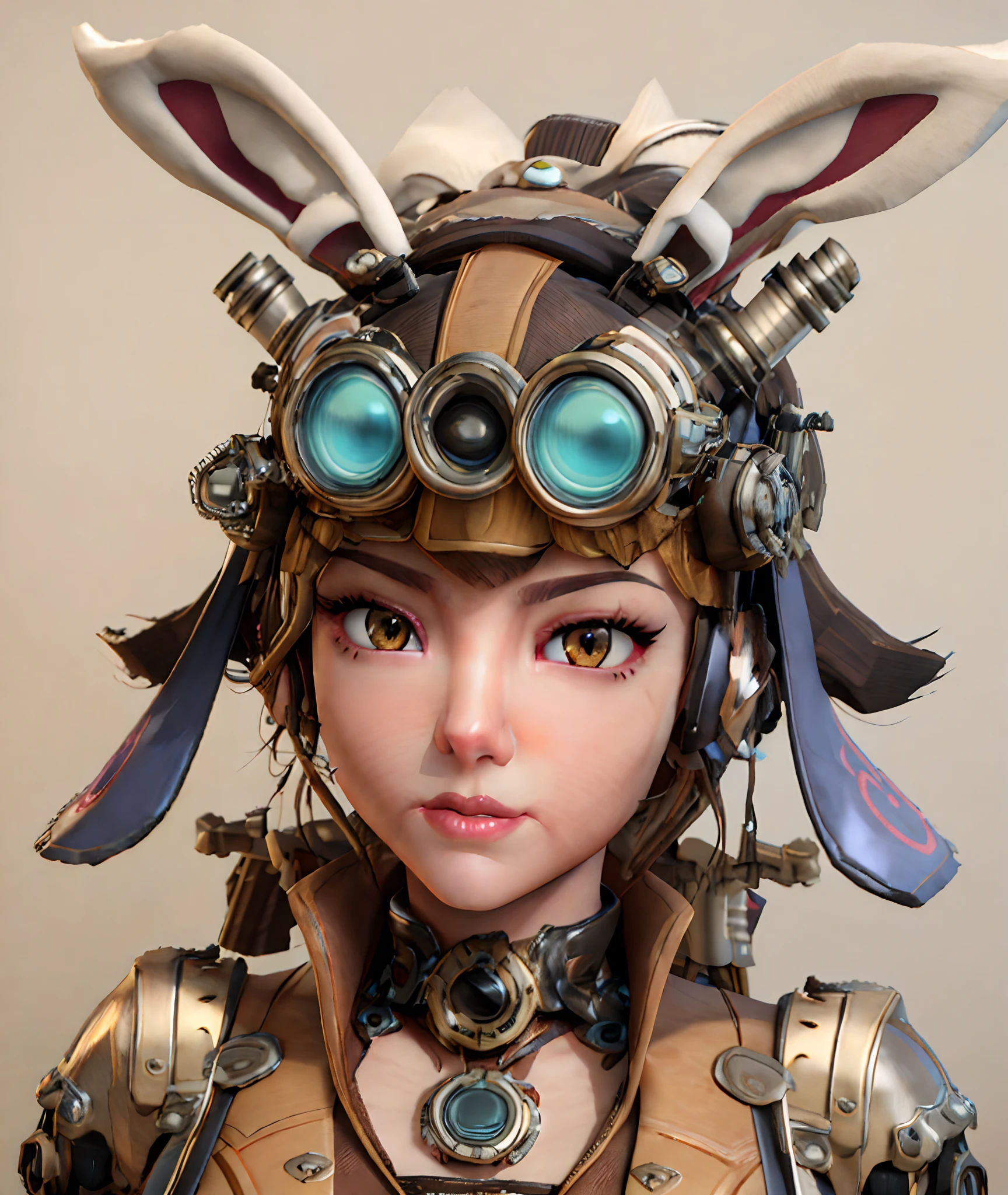 há uma mulher ((Angelina Jolie)) usando orelhas de coelho e um capacete, Arte de personagem de renderização 3D 8k, arte de personagem 3d, personagem de fantasia hiperdetalhado, garota valquíria mecanizada, cyber steampunk 8 k 3 d, Renderização 3D estilizada, renderização de uma linda garota de anime 3d, linda garota ciborgue, retrato de uma catgirl steampunk, steampunk linda mulher anime