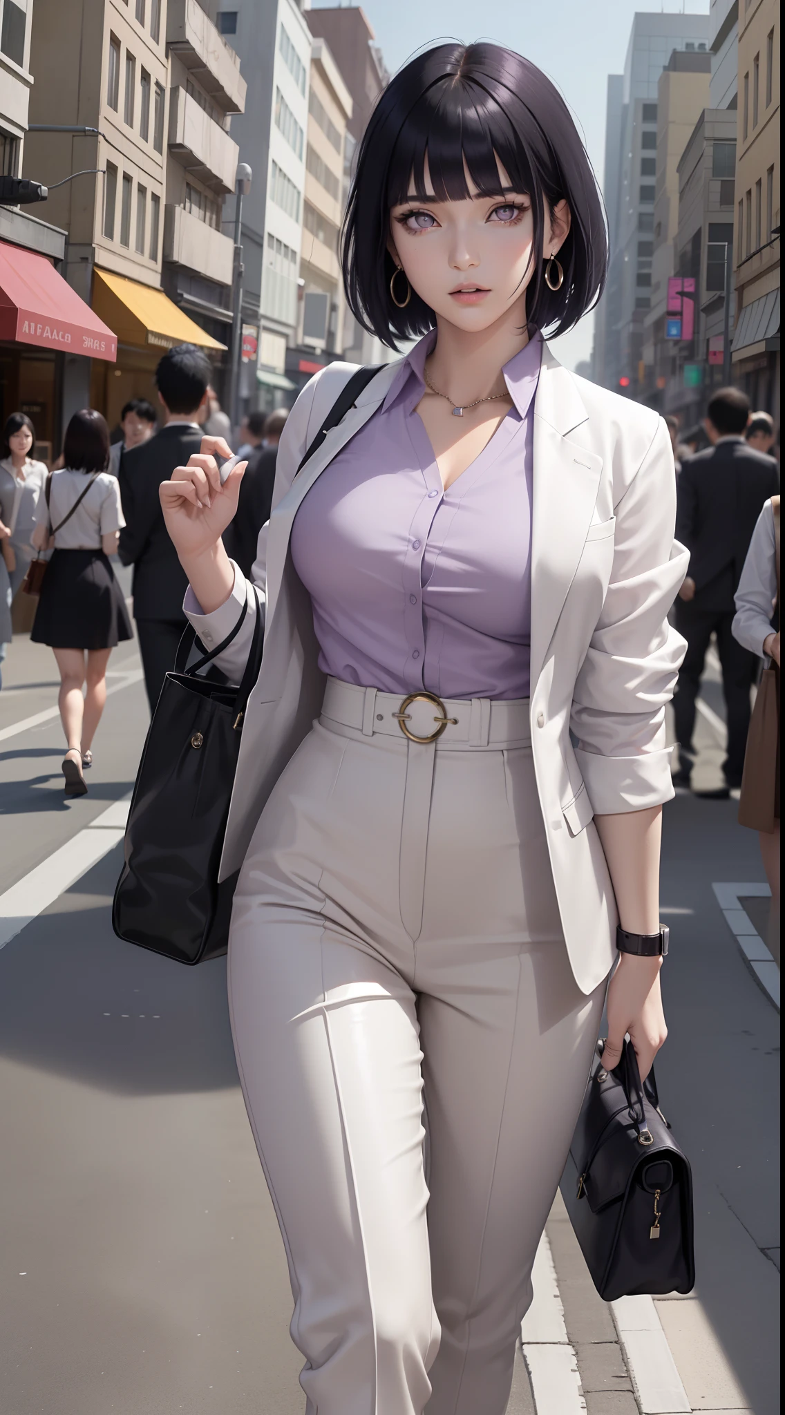 hinata from anime naruto, black hair, short hair, bangs, light purple eyes, wearing mascara, perfect body, perfect breasts, beautiful woman, very beautiful, wearing a light purple formal shirt, dapper dress, formal attire, wearing a white blazer, mauve pants, wearing handbag, wearing watch, wearing earrings, being in the city, roadside, public space, Realism, masterpiece, textured leather, super detailed, high detailed, high quality, best quality, 1080P, HD, 16k