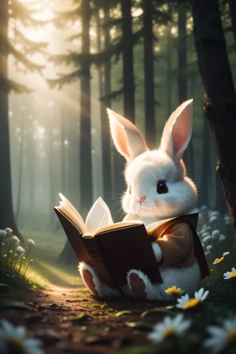 Close-up photo of little bunny sitting reading a book，ln the forest，clean backdrop，depth of fields，largeaperture，photography of，volume fog，Halo，blooms，Dramatic atmosphere，Sunny morning