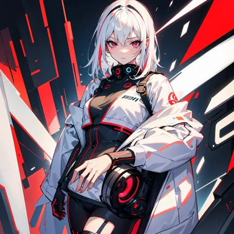 vivid and colorful colors，white-haired girl，raised sexy，cyber punk character，red color eyes ， delicate lines