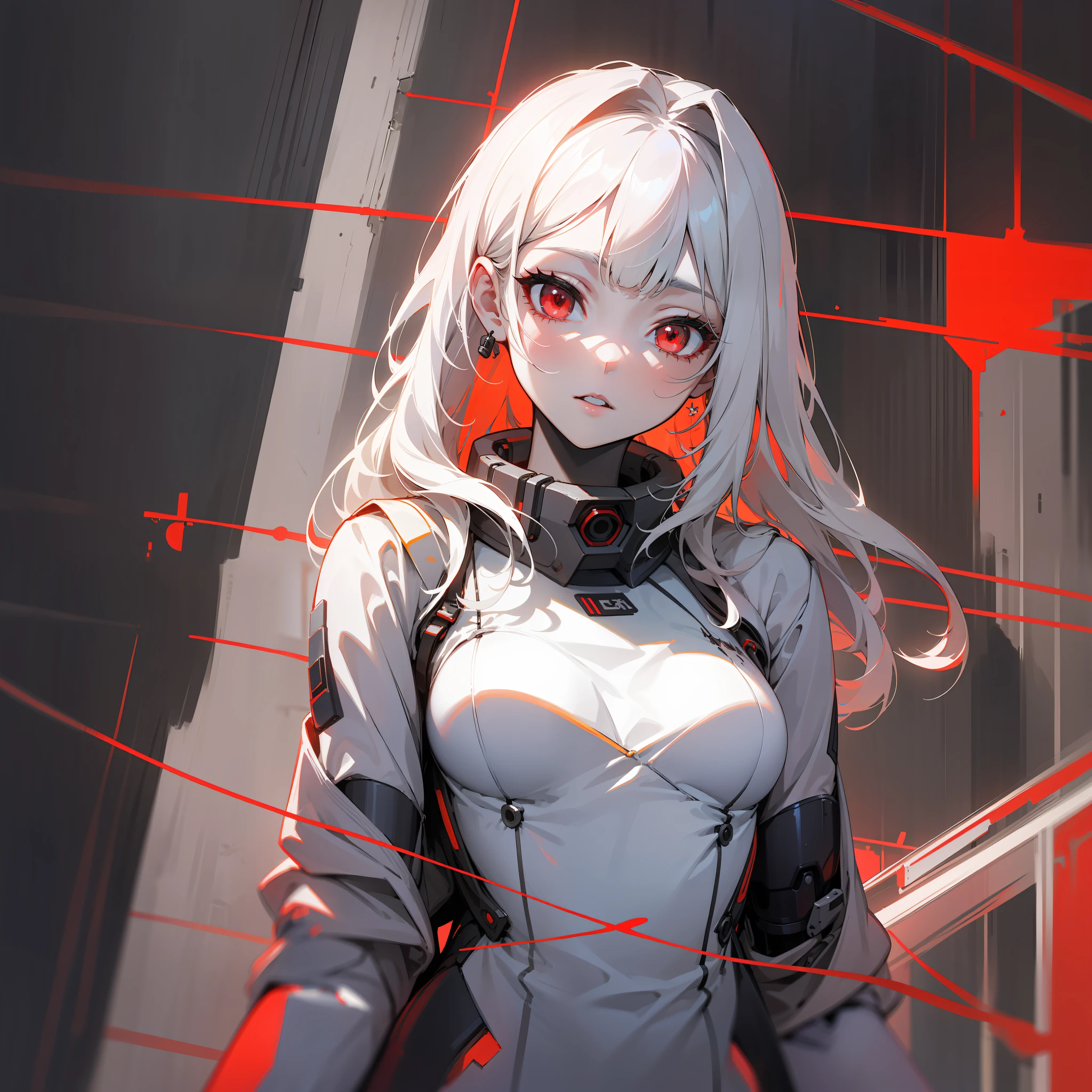 Best quality mode，The picture is fine，Cyberpunk style，Beautiful teenage girl，White is the main color，Red is a sub-hue，whaite hair，red pupils，Snow-white skin，Dressed in mechs，half-body portrait，Extreme refinement