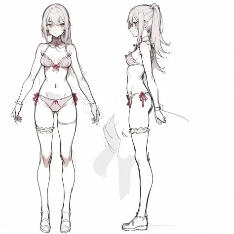 Drawing，Clean Anime Sketches, perfect lineart, anime girl, (beste-Qualit, tmasterpiece), Sketches of a girl in lingerie, Full Character Body, full body concept, full-length portrait, Complete body information, Anatomy of an anime character, picture en face...