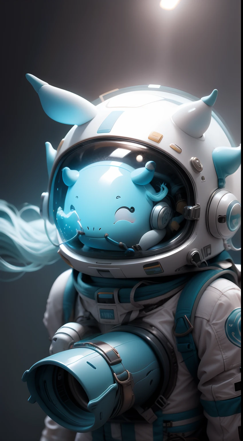 Narwhal floating in space wearing a helmet