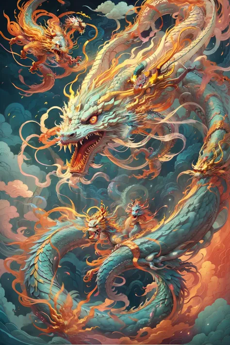 chinesedragon，Blue mane, Detailed dragon claws，jen bartel, mythological creatures, inspired by James Jean,flight， ethereal fox, psychedelic illustrations, colorful flat surreal ethereal, james jean style, an illustration of inspired by Victo Ngai, A beauti...