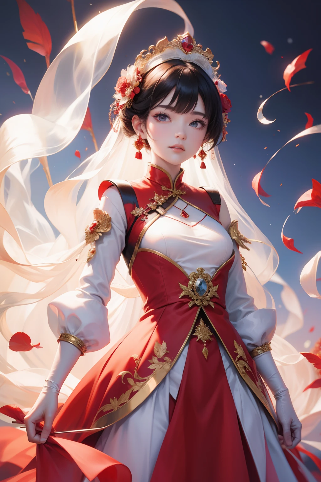China Princess，With a veil，Red and gold bridal dress
