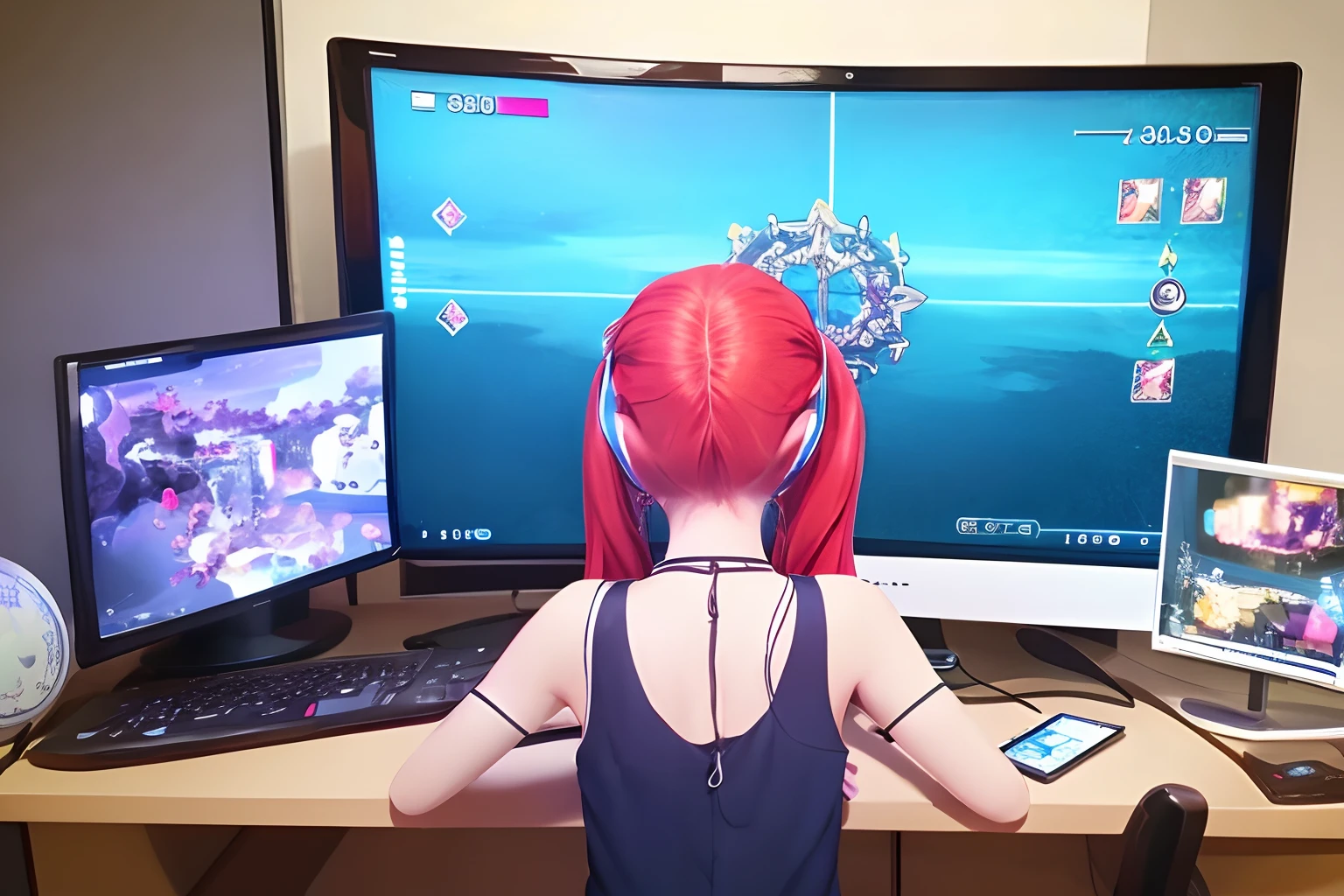 1girll,playgame,From the side,From behind, Red hair,Large display,playing game