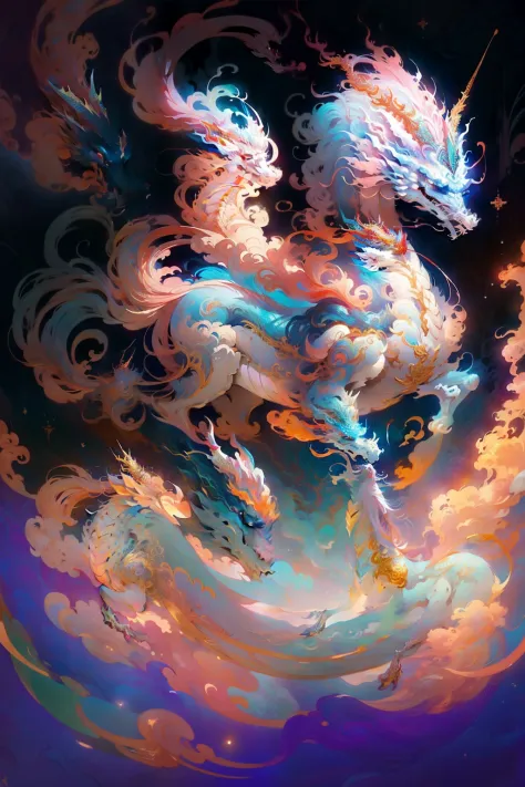 Chinese unicorn，Blue mane,，jen bartel, mythological creatures, inspired by James Jean,flight， ethereal fox, psychedelic illustra...