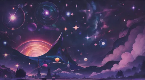 Starry night scene with a purple sky and a purple moon, Jen Bartel, arte de fundo, Arte digital altamente detalhada em 4k, Arte ...