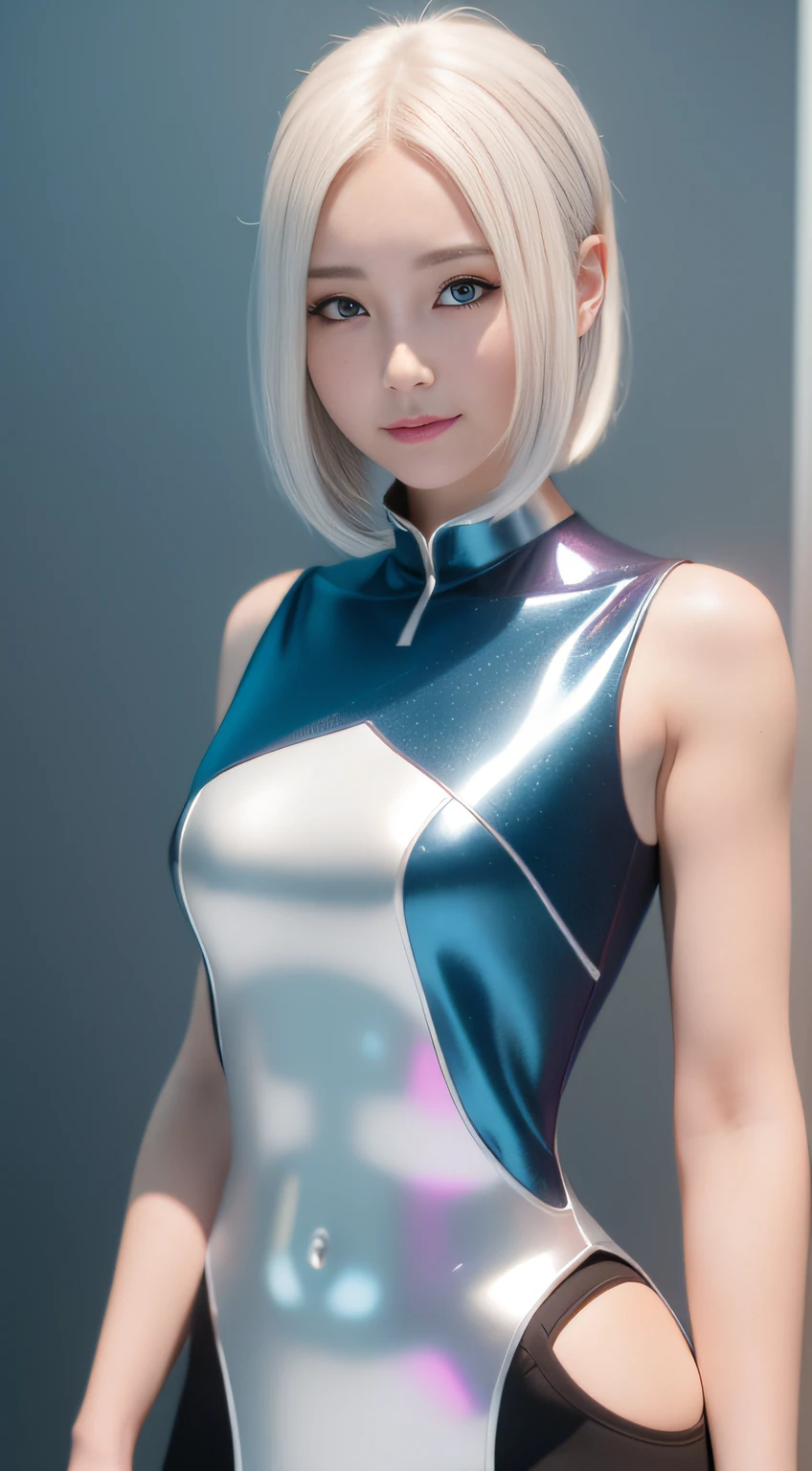 One in a pink dress，White color hair，Woman with straight hair and short hair, 3 D rendering character art 8 K, cyborg - girl with silver hair, beautiful female android!, beautiful female android, perfect android girl, beautiful android woman, smooth digital concept art, smooth 3d cg render,, sci - fi character, Beautiful robot character design，ssmile，largeeyes，The upper part of the body，cute delicate face, Extremely beautiful face, beautiful delicate face, Stunning anime face portrait, beautiful aesthetic face, Detailed beautiful face, girl cute-fine face, Realistic beautiful face, Beautiful realistic face, beautiful and realistic faces, girl with white eyes，Right shoulders，Blue has God's eyes，Ultra-delicate smooth skin，Asian face shape，Girl futuristic white and pink shiny metallic silver white long dress，Smile without showing your teeth，ssmile，Teethless，double eyelid，Blue eyes，largeeyes，Clear strands of hair