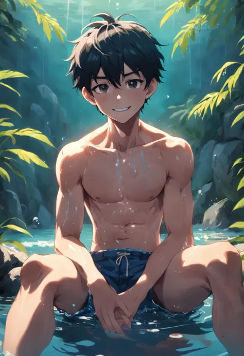 Boy teenager sitting in the water，Shirtless，with fair skin，ssmile