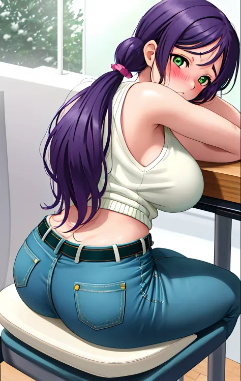 Toujo nozomi, green eyes, low twintails,ASS, SITTING, SOLO, LOOKING BACK, FROM BEHIND, DESK, THIGHS, ASS FOCUS, CHAIR, HUGE ASS, sweater, sleeveless,midriff,denim pants,belt, llchar,big breasts, outdoors, snow, (blushing:1.3)