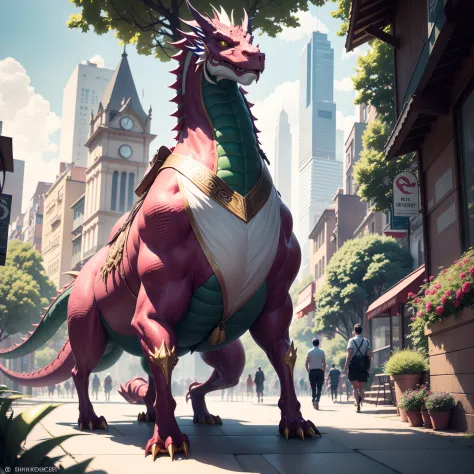 majestic green dragon, its scales, shimmering in the sun, walk along a busy street, along which there are towering buildings. de...