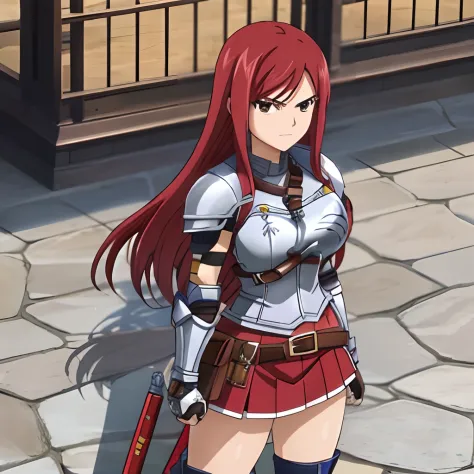 1girl, solo, erza scarlet, fairy tail, red hair, brown eyes, long hair, looking at viewer, serious, closed mouth, fullbody shot, sidelocks, armored dress, breast, breastplate, large breast, cuirass, elbow pad on both arms, gauntlet on both arms, miniskirt,...