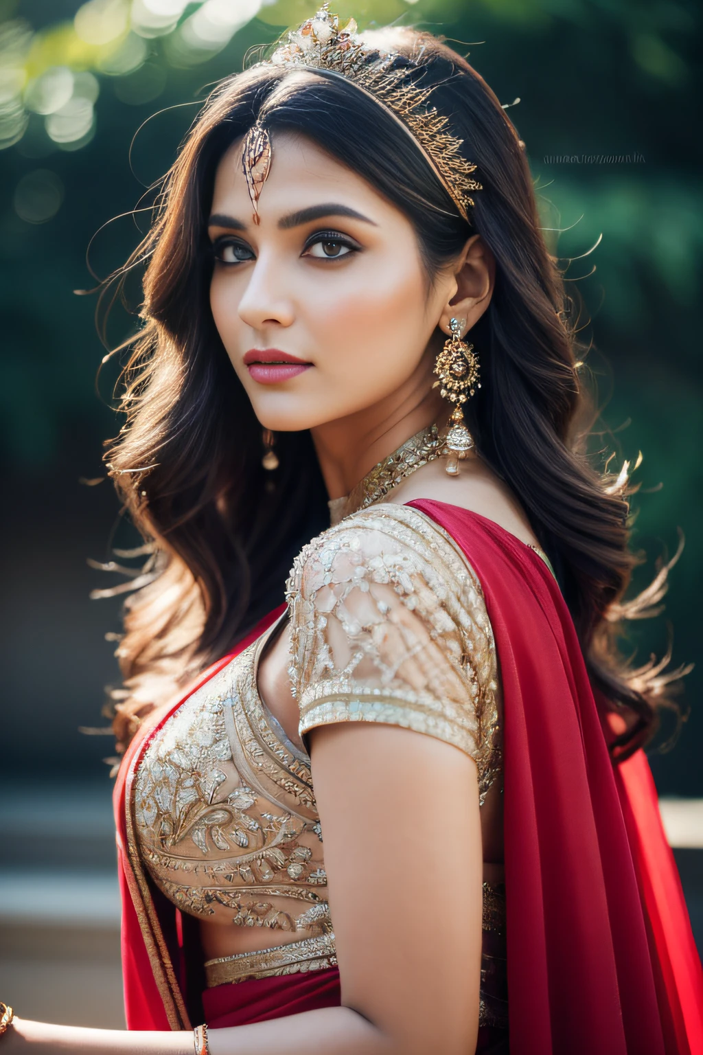 side portrait of A confident-looking indian woman with long flowing hair, hazel eyes, with flowing cape and see through saree, wearing designer jewellery, designer royal gown, a crown on head, visible c-cup breast sitting on royal garden, palace background, bokeh perfect composition, hyperrealistic, super detailed, 8k, high quality, trending art, trending on artstation, sharp focus, photo shoot, intricate details, highly detailed, art by greg rutkowski