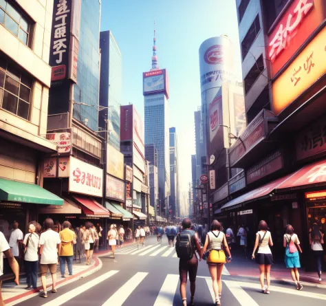 tokyocty,akihabara,pedestrian mall,anime-style backgrounds,during daytime,large car road,anime-style background illustration