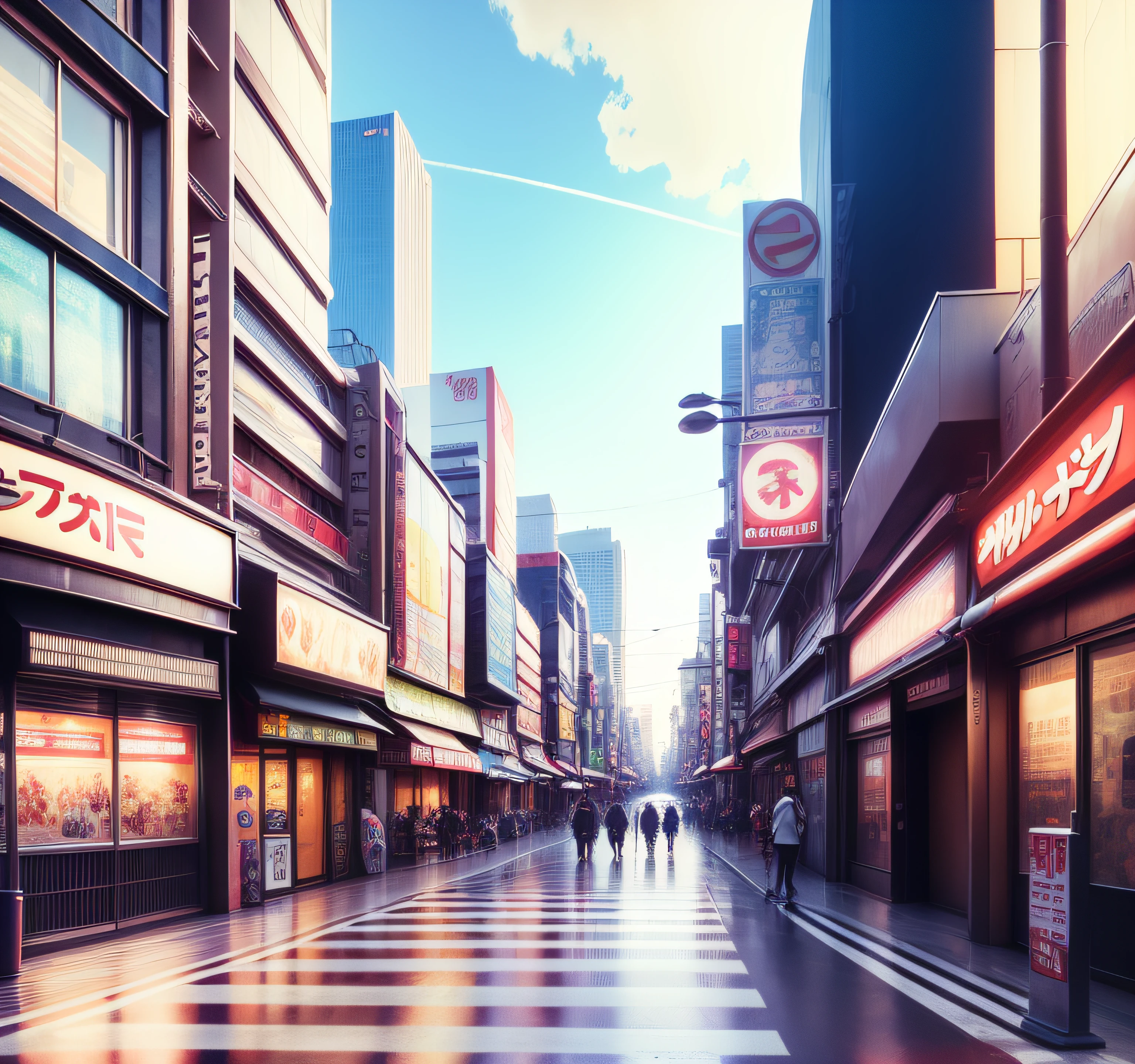 TOKYOcty,akihabara,Pedestrian mall,Anime-style backgrounds,during daytime,Large car road,Anime-style background illustration