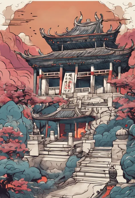 the night ，themoon ，game scenes，Ancient Chinese palaces are located above the clouds，surrounded by cloud，Homem-Imponente，glazed tiles，BUDDHA STATUE，Lanterns，gorgeous color，In the foreground are long stone steps and arches((Color ink)),( (Splash ink ) ), ((...