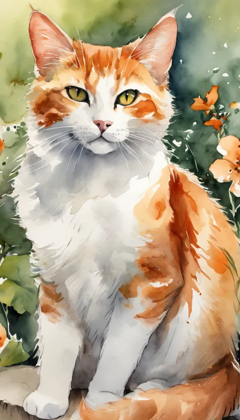 Garden cat，Under the sun，Warm orange hair，Detailed sketch style，Close up focusing on cat's eye，Mao's eyes are painted with a jewel-like material，Add cat purr，It's a warm and peaceful sight..
