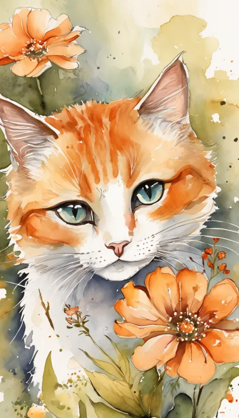 Garden cat，Under the sun，Warm orange hair，Detailed sketch style，Close up focusing on cat's eye，Mao's eyes are painted with a jewel-like material，Add cat purr，It's a warm and peaceful sight..