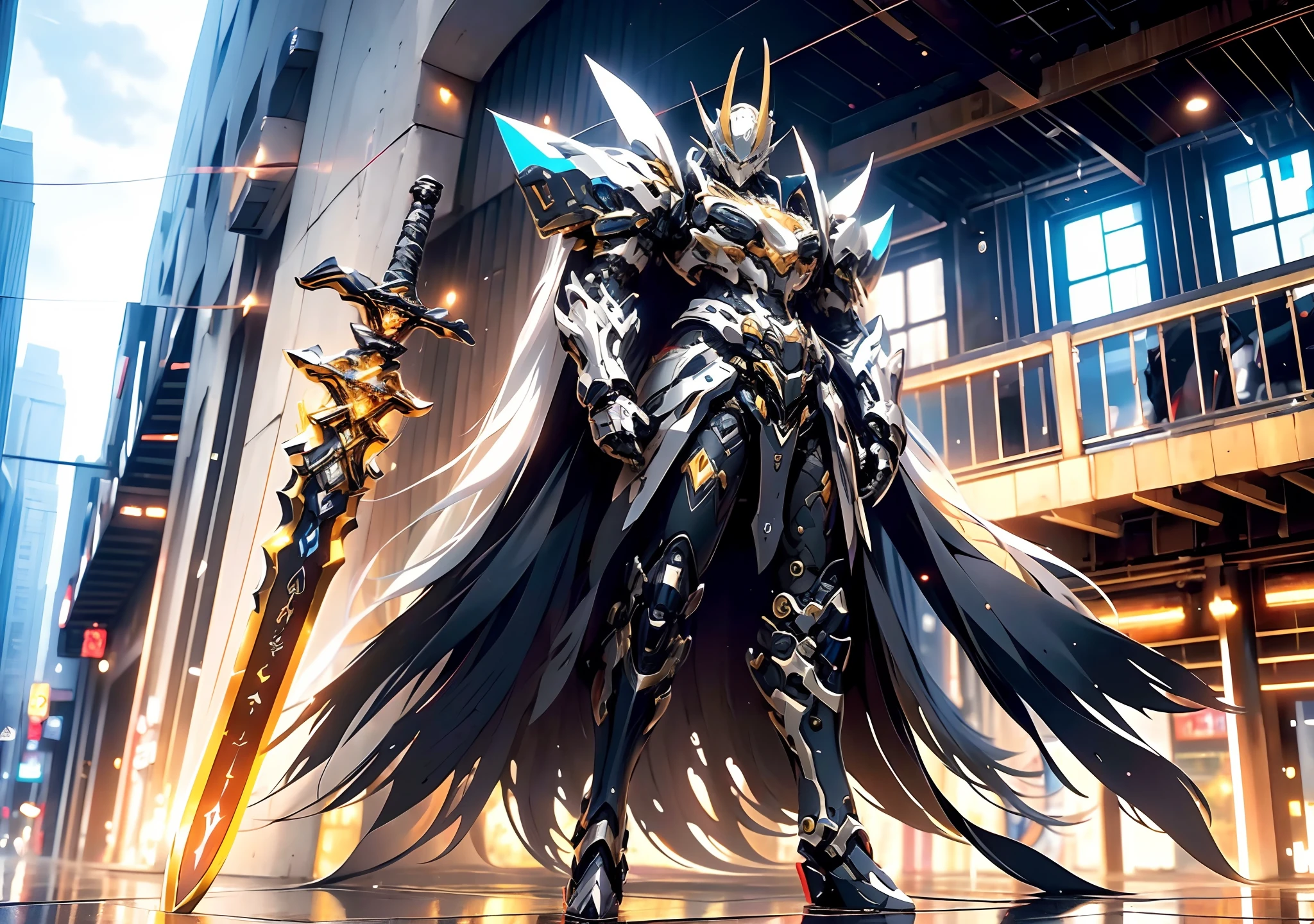 super wide shot, Full body frontal photo,Alphard image of a mecha female warrior, from girls frontline, Mecha warrior style, girls frontline universe, Fine details. Girl front, in mecha style,Fighting posture,giant mecha,(Smooth surface),Cyberpunk-city,White is the main color，With brown、Decorative color of gold，。There are powerful thrusters,(crystal:1.3),(((Masterpiece))),(((Best quality))),((ultra - detailed))((Extremely detailed CG)),((16K resolution))((An extremely delicate and beautiful)),{Photorealistic},Full of detailed light blooms,A masterpiece from the Canon EOS R6 shooting,((tmasterpiece)) ,Movie Lighting,solo,Unreal Engine 5,(Japanese Katana Sword,Superb craftsmanship、Elegant and powerful katana。The blade is slender and graceful，Built with futuristic technology。The body of the knife is carved with fine ornaments，Showcasing mythical creatures and symbols of power。The handle is made of precious metal material),safe,raiden