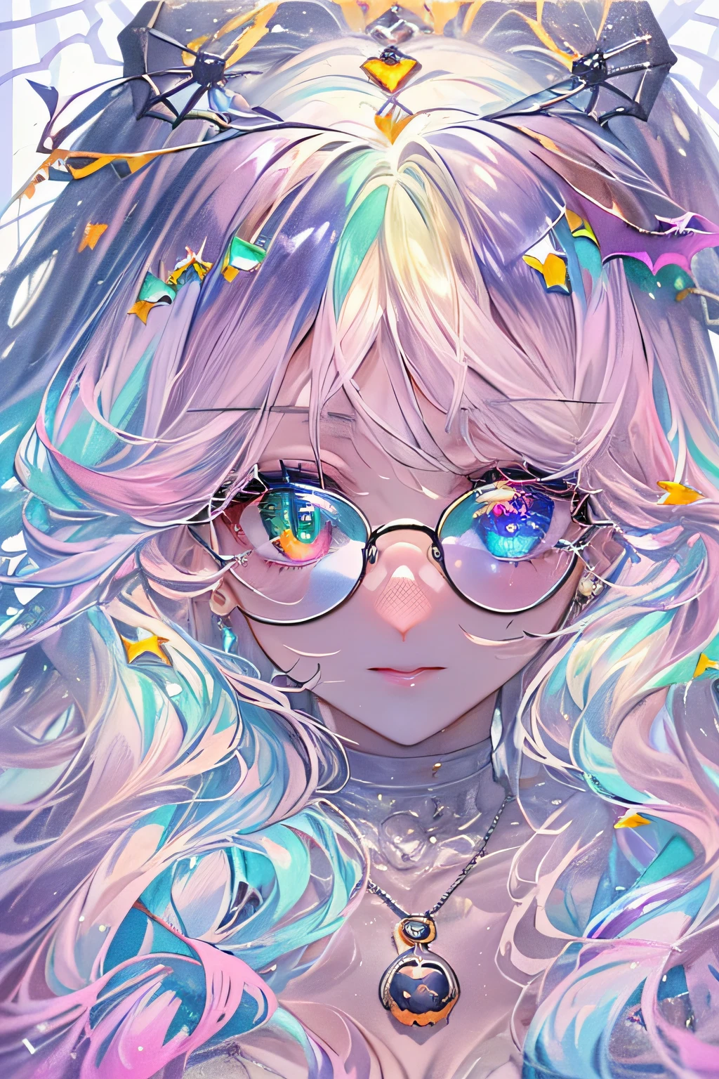((​masterpiece、top-quality、Watercolor art(Pendants)、Official art、Beautifully Aesthetic:1.2))、(1girl in:1.3)、(Fractal Art:1.3)、full body Esbian、((Glitter pupils))、patterns、((rainbow-colored hair、colourful hair、Half blue and half pink hair:1.2))、colourfull、(Silver-rimmed glasses)、Writing、(heterochromia iridis:1.5)、(colourfull:1.5)、((Shy face))、one piece dress、(Standing)、(Hyper-detailing), ((delicate detail)), (intricate detailes), ((ciinematic light, best quality backlight)), highcontrast, ((The best lighting, extremely delicate and beautiful)), ((ciinematic light))、(ray trace reflection、brilliance)、((glowing aura))、((Radiant hair))、((The ultra-detailliert))、((8K)),(((Halloween:1.2))),（natta:1.5)