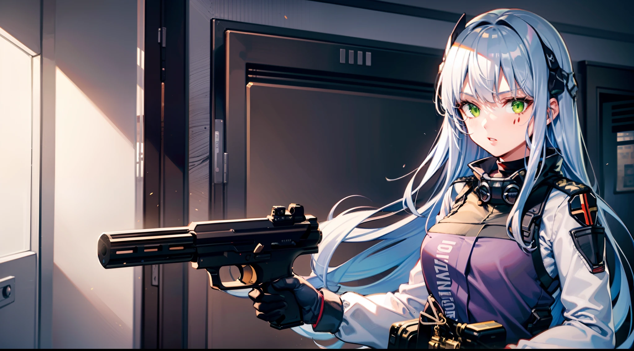 1 girl, semi-auto gun, shooting, in the building, silver hair, green eyes, black clothes, special operations, special force, cinematic action