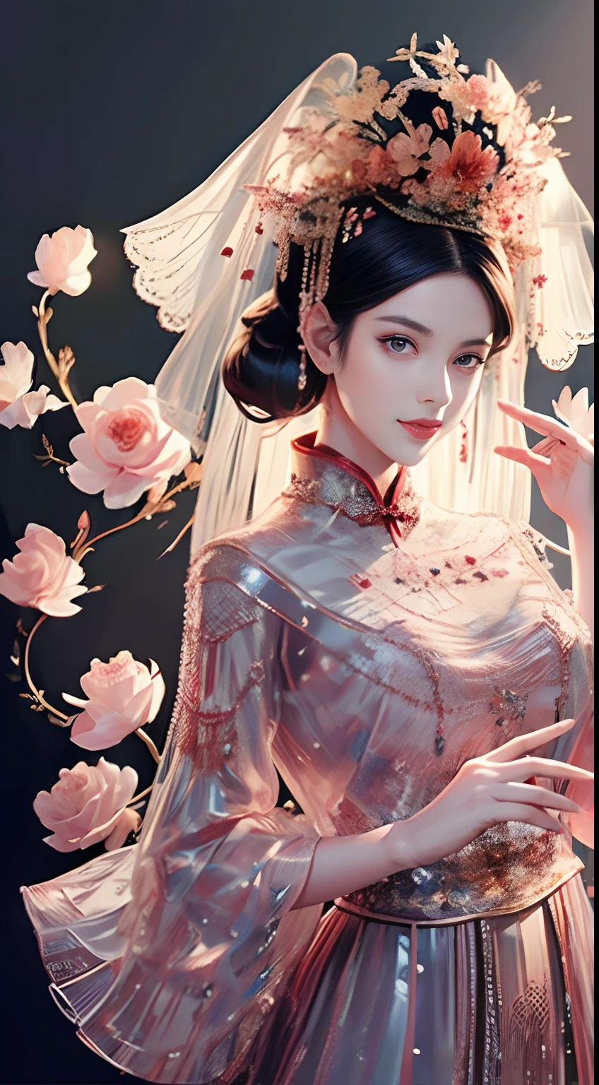 tmasterpiece，Highest high resolution，((Sedan))，Dynamic bust of beautiful Chinese princess，the bride，Jet black hair is elegantly coiled，（(Wearing a huge red crown))，veils，Purple clear eyes，The hair is covered with beautiful and delicate floral craftsmanship, Crystal jewelry filigree，Ultra-detailed details，upscaled。