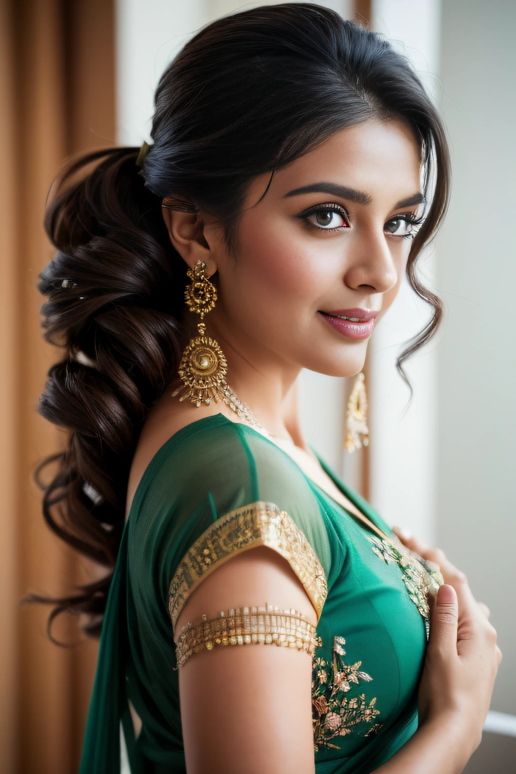 Portrait of A confident-looking indian  woman with bun of long and thick hair tied behind and covered with flowers, hazel eyes, wearing a traditional green saree, wearing lots of jewellery, smile on face, lusty look, standing in bedroom, perfect composition, hyperrealistic, super detailed, 8k, high quality, trending art, trending on artstation, sharp focus, studio photo, intricate details, highly detailed, art by greg rutkowski