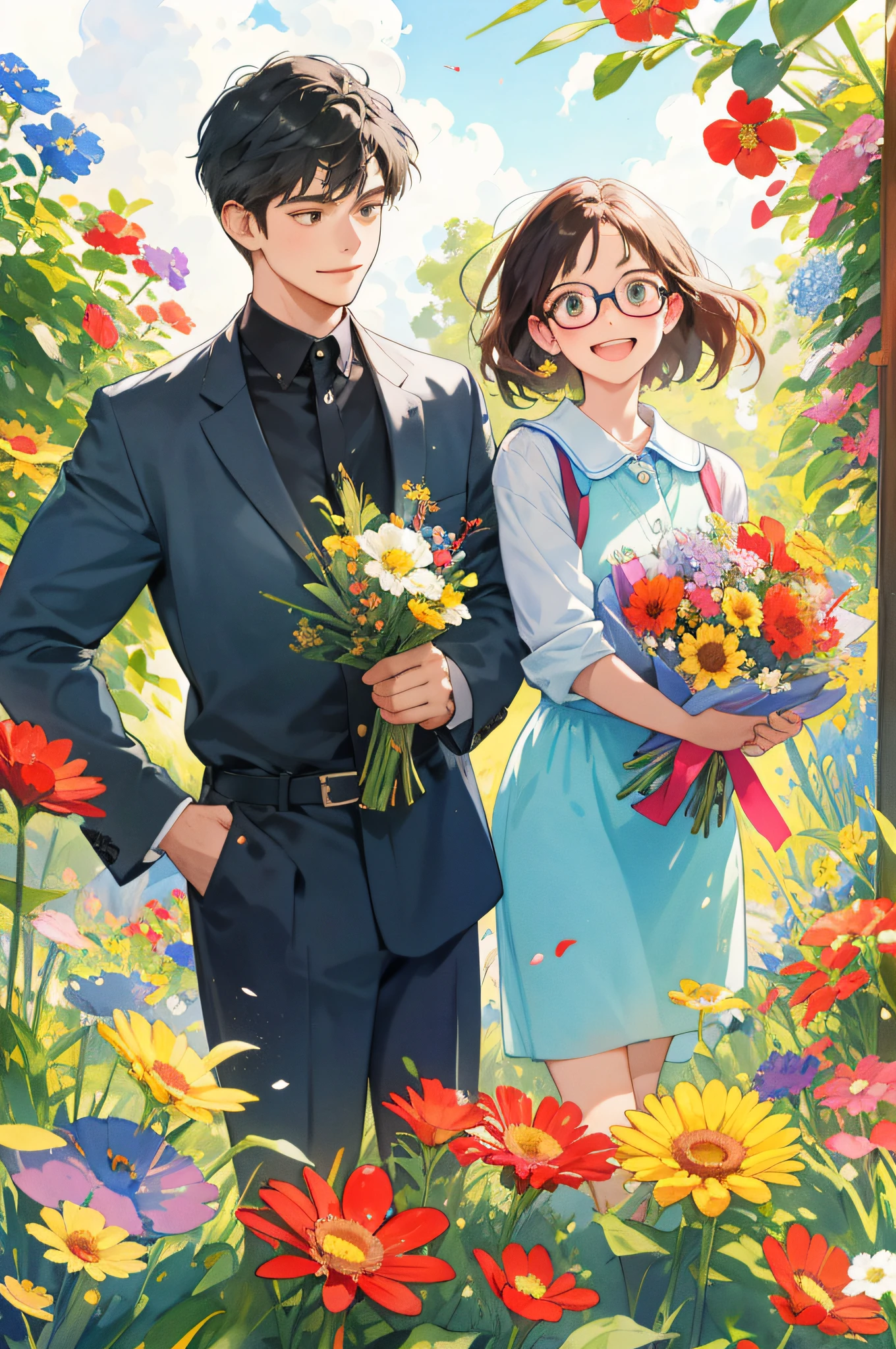 Teacher's Day，Poster design，（Twenty-year-old female teacher with glasses holding a bouquet of flowers），The seven-year-old boy was her student，The two looked at each other，having fun，（best qualtiy，tmasterpiece，aquarelle，Splash ink），