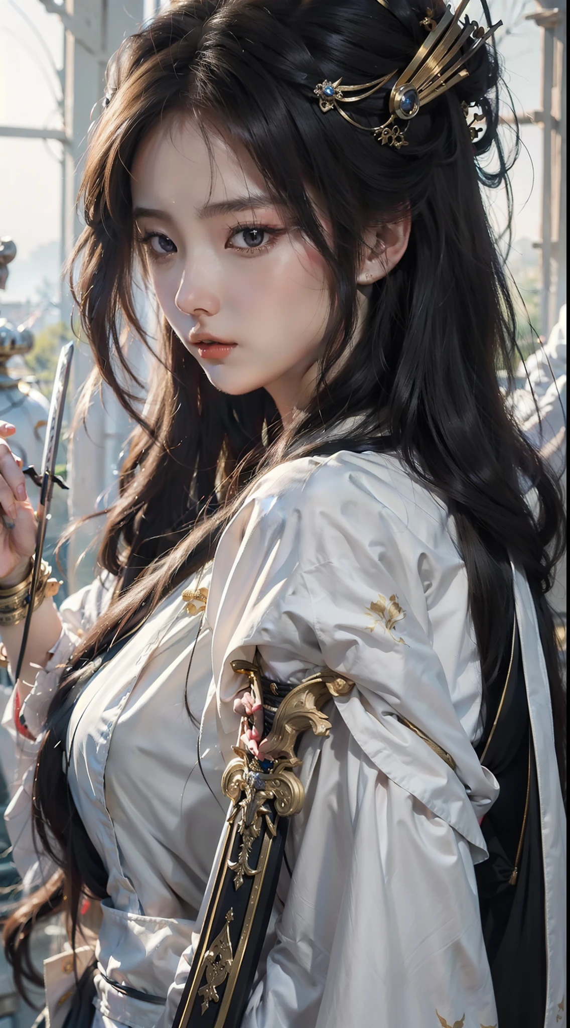 Woman in white dress holding sword in crowd, palatial palace ， a girl in hanfu, flowing hair and long robes, beautiful character painting, by Yang J, Anime Girl with Long Hair, guweiz, holding a sword on her shoulder, a female anime character, she is holding a katana sword, artwork in the style of guweiz