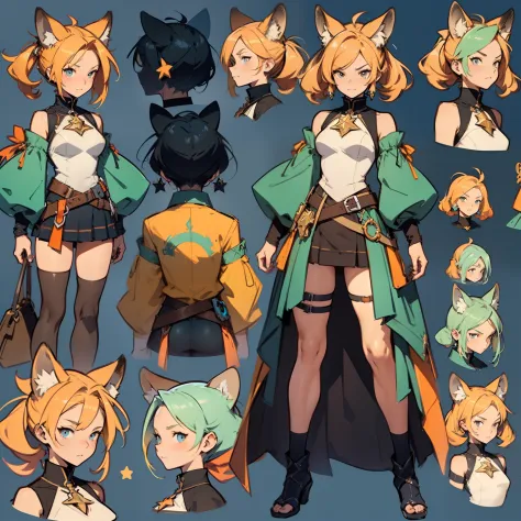 A close-up of a person in a singing costume，Kangaroo Lady，Beast Girl，Blue-orange color scheme，Cyan dominant color（（concept art of character）），((character design sheet、Same role、frontage、Lateral face、on  back))Character art for Maple Story，video game charac...