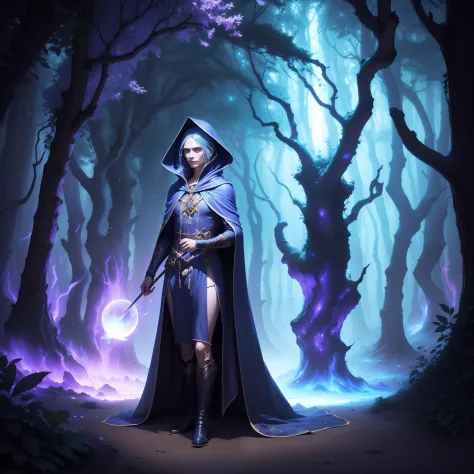 a mysterious sorcerer, cloaked in a shimmering indigo robe, stands at the entrance of a hidden enchanted grove, bathed in ethere...