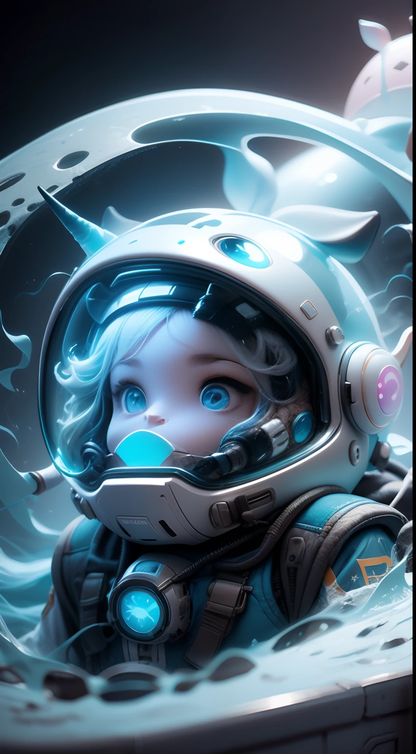 Narwhal floating in space wearing a helmet