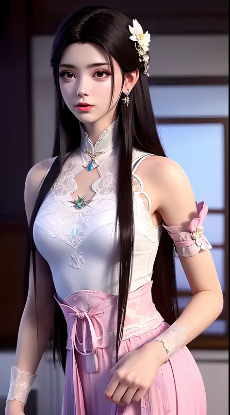 1 beautiful girl wearing ancient costumes, ((pink and light white outfit: 0.8)), long and silky black hair, hair jewelry and nec...