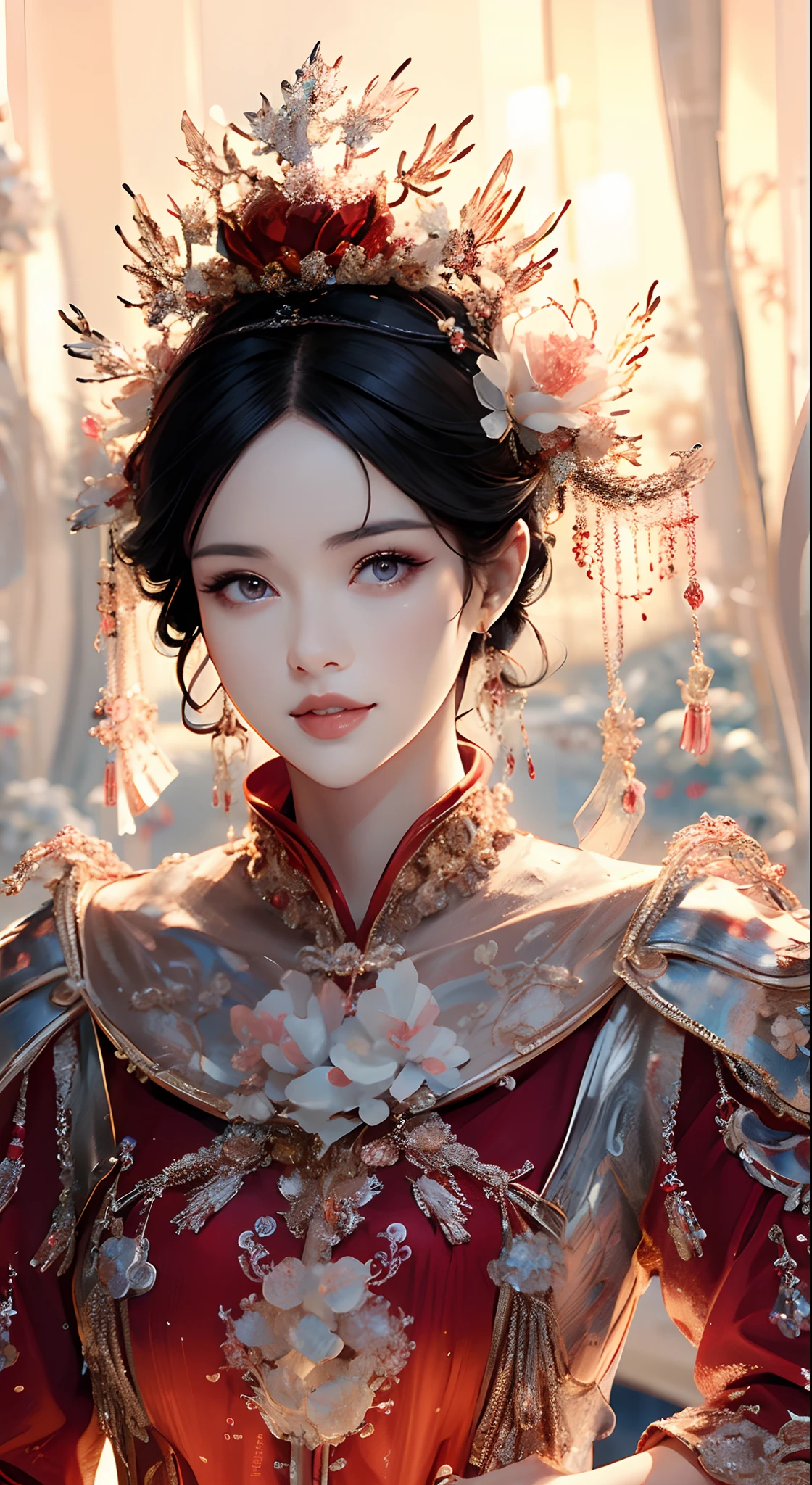 tmasterpiece，Highest high resolution，((Sedan))，Dynamic bust of beautiful Chinese princess，the bride，Jet black hair is elegantly coiled，（(Wearing a huge red crown))，veils，Purple clear eyes，The hair is covered with beautiful and delicate floral craftsmanship, Crystal jewelry filigree，Ultra-detailed details，upscaled。