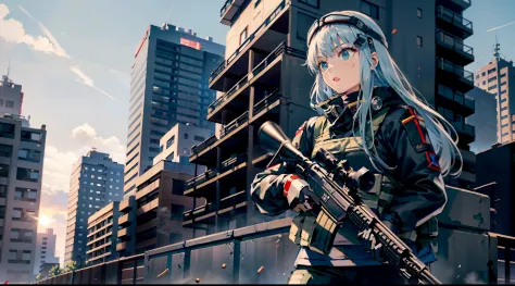 pmc, cqb, cqc, sniper rifle, battle girl, top of building, black clothes, ducking bullets