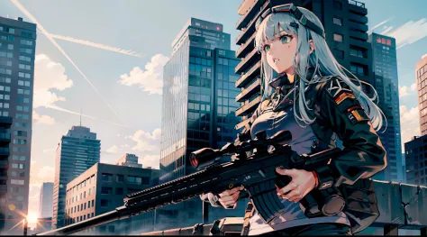 pmc, cqb, cqc, sniper rifle, battle girl, top of building, black clothes, ducking bullets