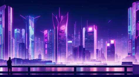 papel de parede cyberpunk cidade noite roxa com uma garota com estilo roxo no fundo observando a cidade de costas