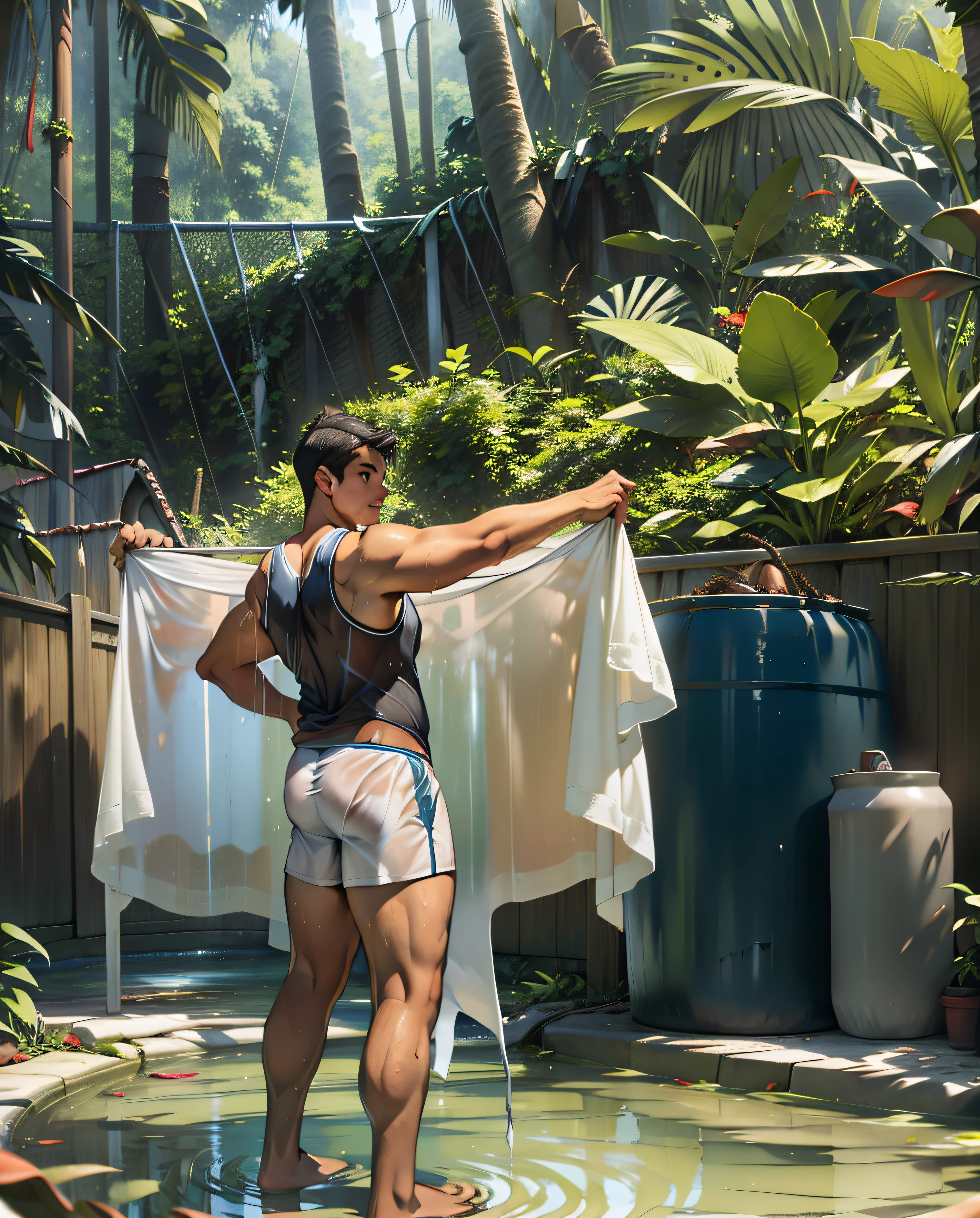 1 man drying clothes in a backyard near a light-blue big barrel, drying green blanket, G string thong underwear about 5 numbers in laundry hanging line, lush surroundings, in a rainforest tropical jungle environment as background, darling wash off in the rain, in a jungle, backyard outside, drenched clothing, jungles in the background, he is wearing light-pink transparent shorts, handsome face with detailed facial features, wearing transparent wet light-blue singlet, big pecs, big biceps, he is also wearing slippers,  he is seducing the viewer with his butts and wearing revealing black sexy thong under his shorts, masculine stocky body, correct male anatomy realistic looking, his shorts are very transparent and tight to reveal his underlying big butts and black thong very easily, there is slope of tropical forest background, sexy hot sweating oiled shiny skin, flawless white skin, big man, he is standing, big thicc thick thighs, very short military hair style, full growth from the back, professional DSLR shoot and detailed retouching, sharpness, shadow, highlight, depth of filed, masterpiece, fined quality detailed illustration