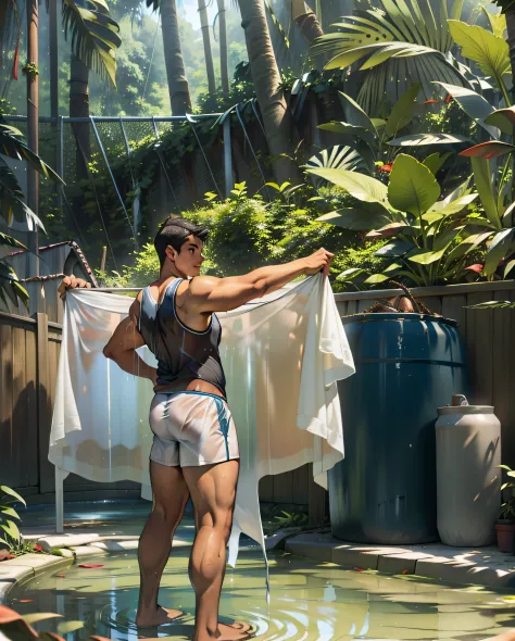 1 man drying clothes in a backyard near a light-blue big barrel, drying green blanket, G string thong underwear about 5 numbers in laundry hanging line, lush surroundings, in a rainforest tropical jungle environment as background, darling wash off in the r...