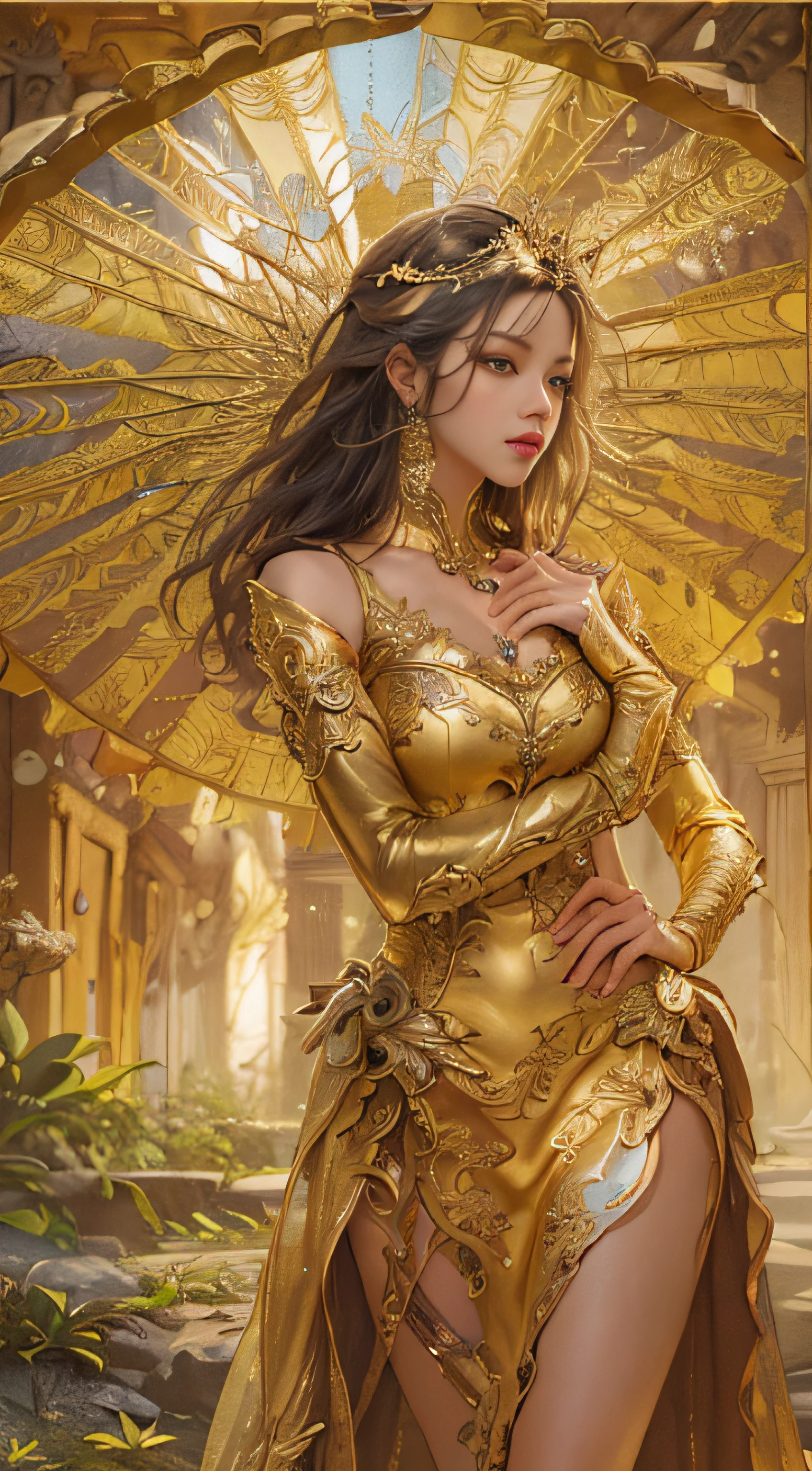 Frau in einem goldenen Kleid, Wahre Kunststation, Regenschauer-Website, detaillierte Fantasy-Kunst, atemberaubende Charakterkunst, Wunderschöne und exquisite Charakterkunst, schöne goldene Rüstung, Extrem detailliert, Mädchen in glänzender Rüstung, Erlesene Diademe und Schmuck, Ganzkörperaufnahme,